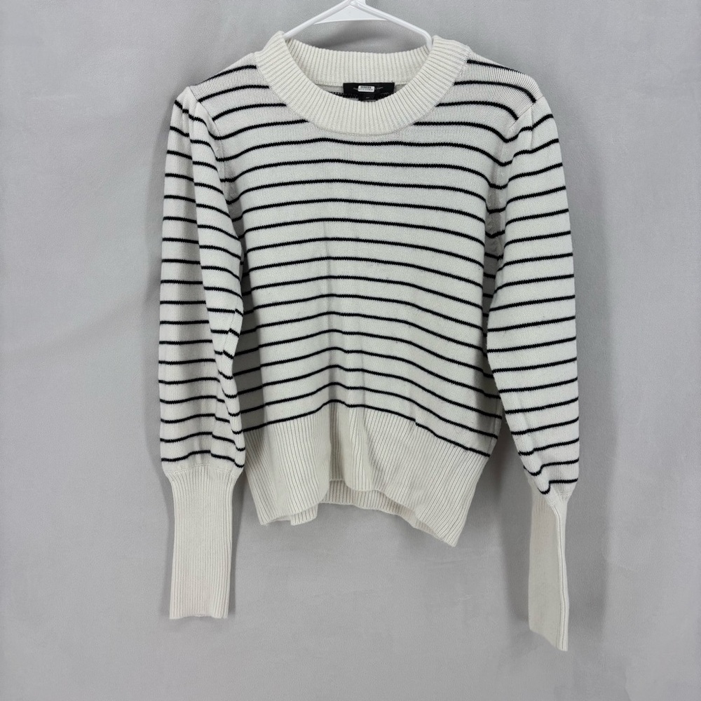 French Connection Striped White Black Sweater Medium Ribbed Knit Long Sleeve